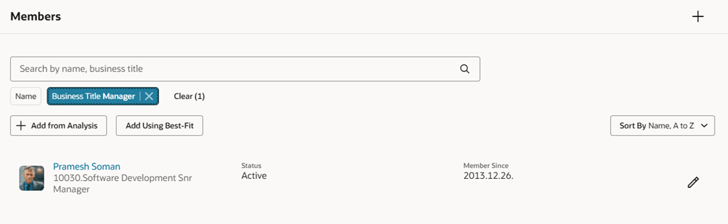 検索フィルタがあるタレント・プールの「メンバー」セクション