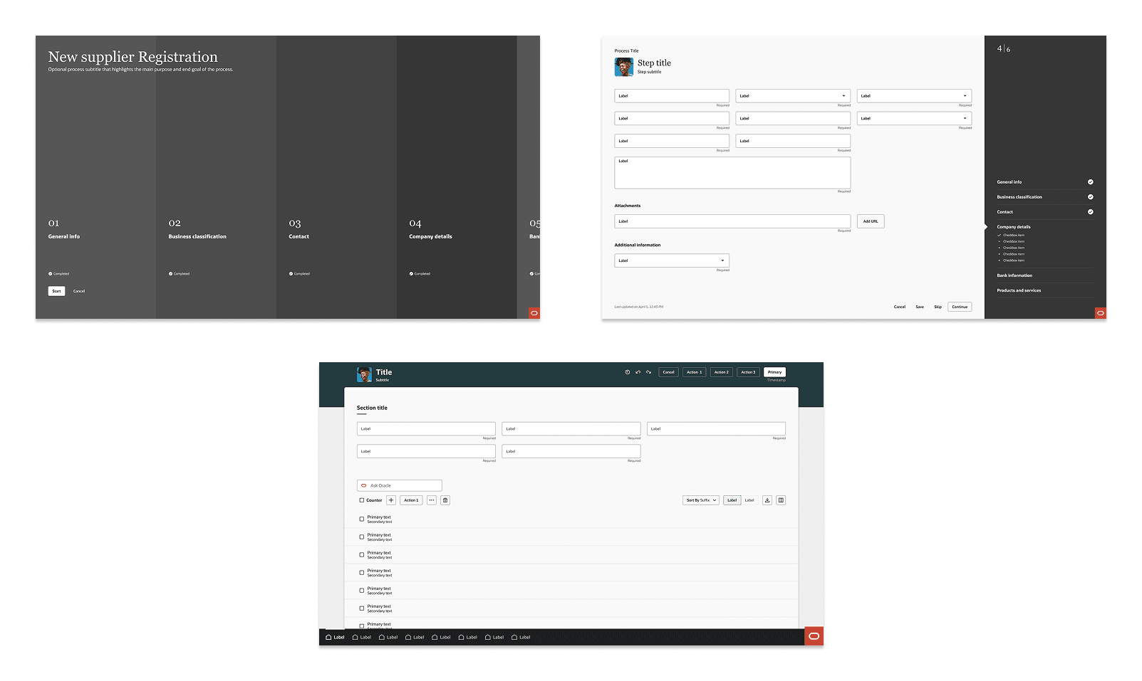 「ガイド付きプロセス- 概要」ページ、「ガイド付きプロセス- ステップ」ページ、「詳細作成および編集」ページ・テンプレート