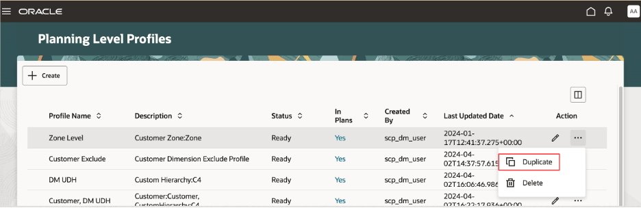 「プランニング・レベル・プロファイル」ページの重複オプション