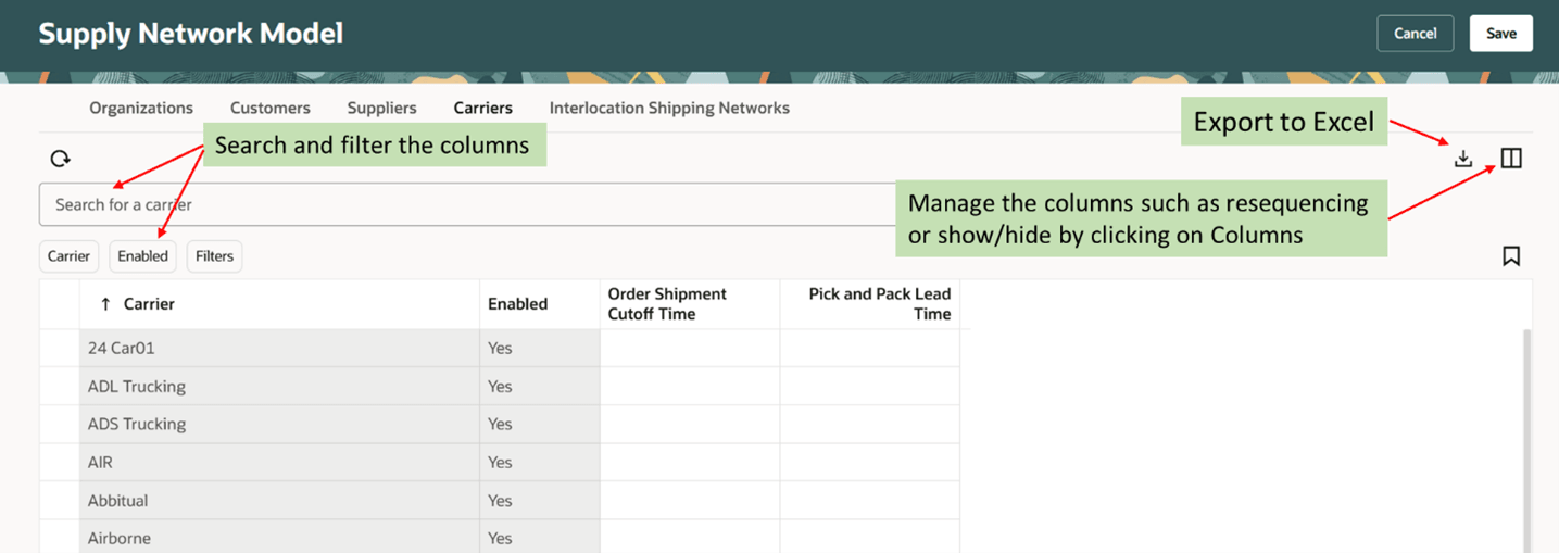 「運送業者」タブで使用可能な処理
