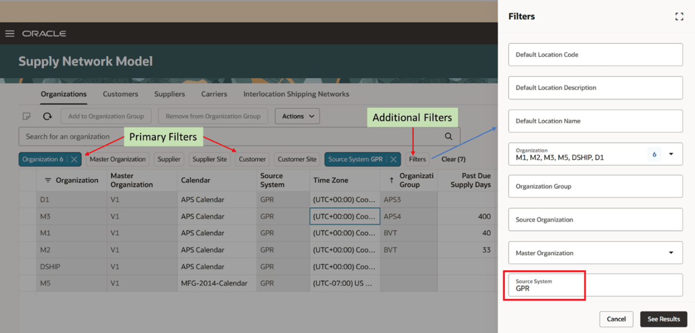 「組織」タブのフィルタ