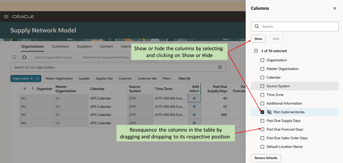 列の表示または非表示