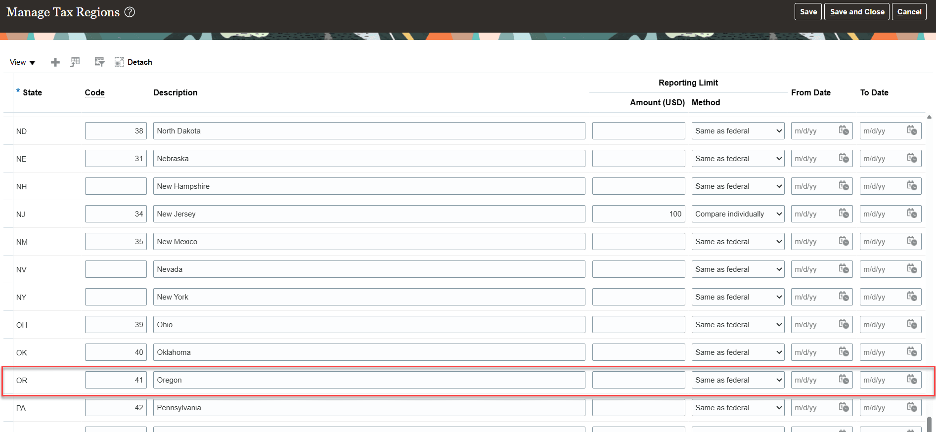 「税リージョンの管理」ページ