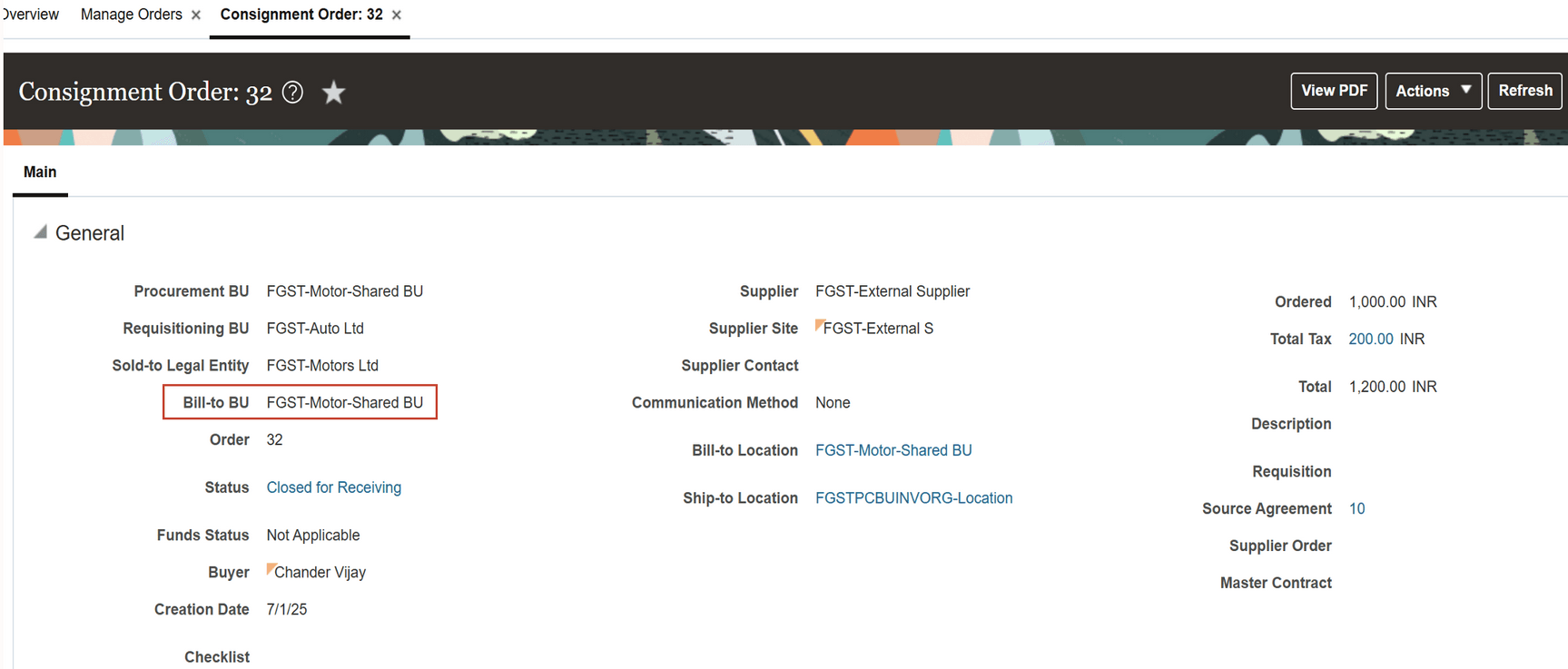 オーダーの預託購買オーダーおよび請求先BUのスクリーンショット