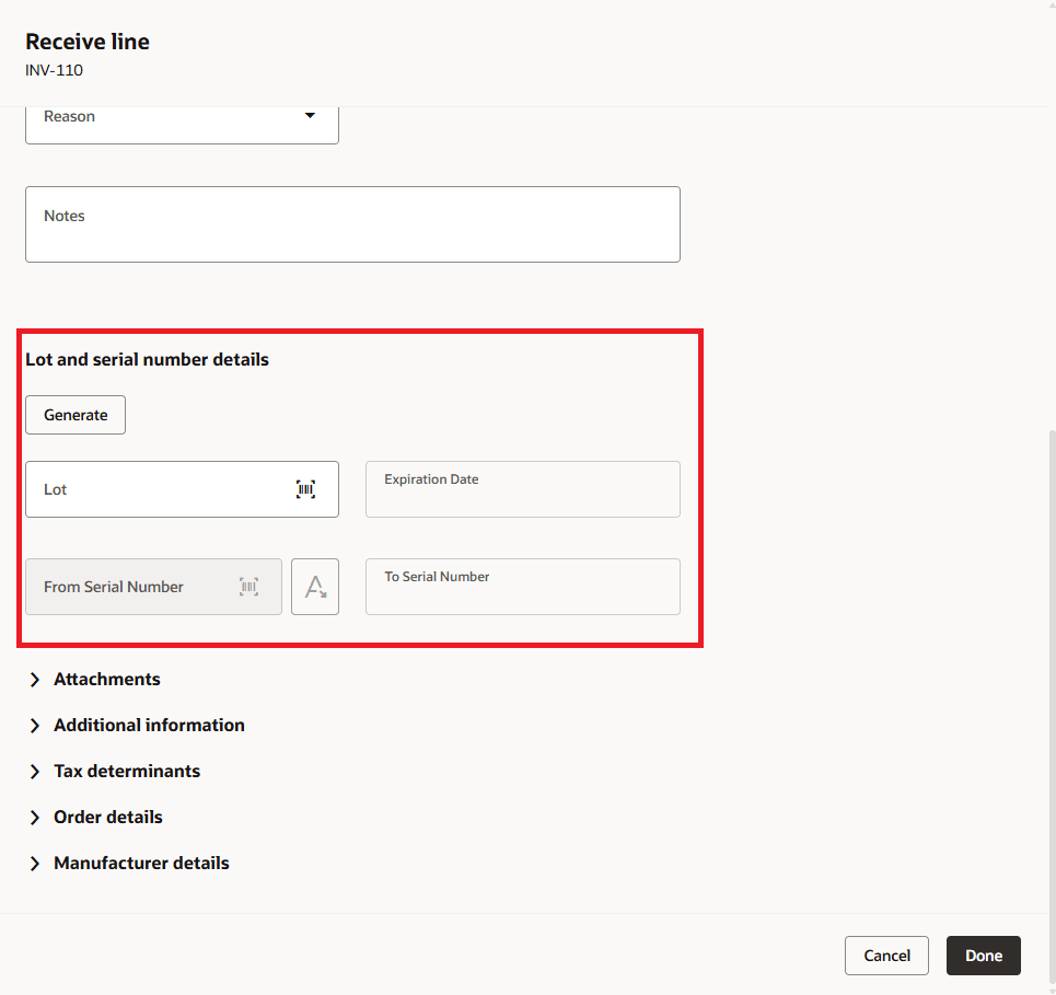 受入明細ドロワーで使用可能なロットおよびシリアル番号詳細セクション