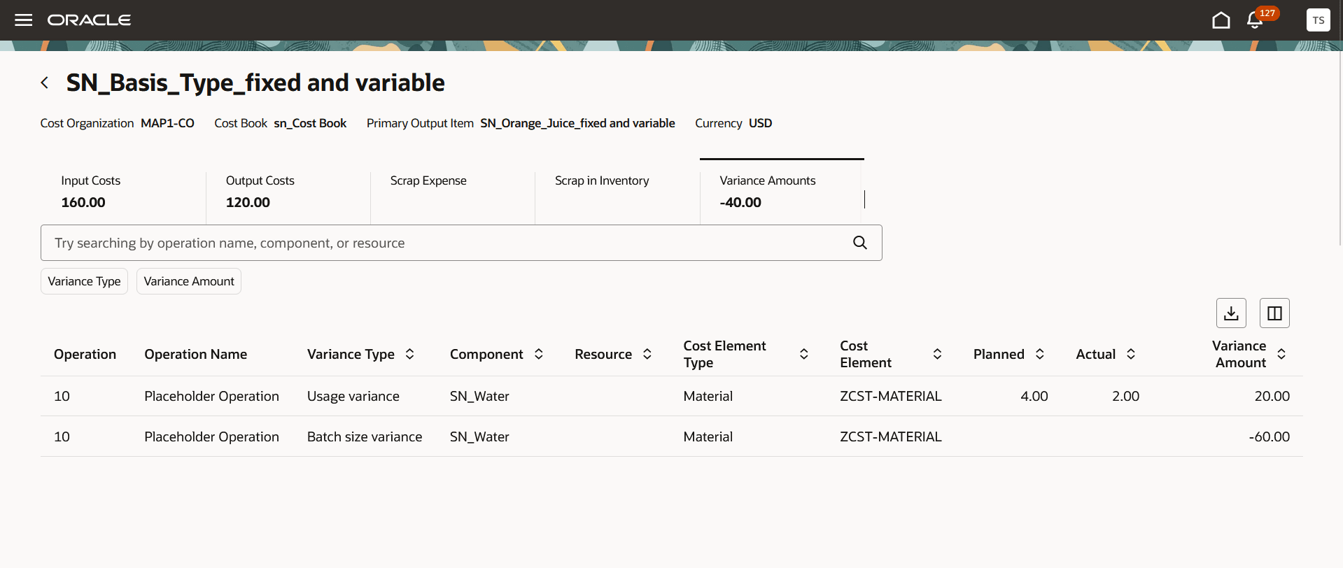 差異が工程、品目および基準タイプ・レベルで計算され、使用とバッチ・サイズの差異の両方を生成する作業オーダー原価UI