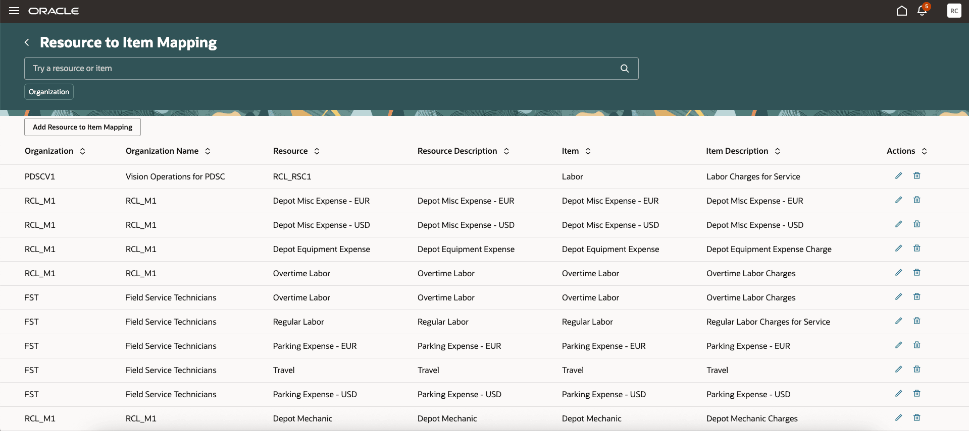 検索リスト: リソースから品目へのマッピングRedwood UI