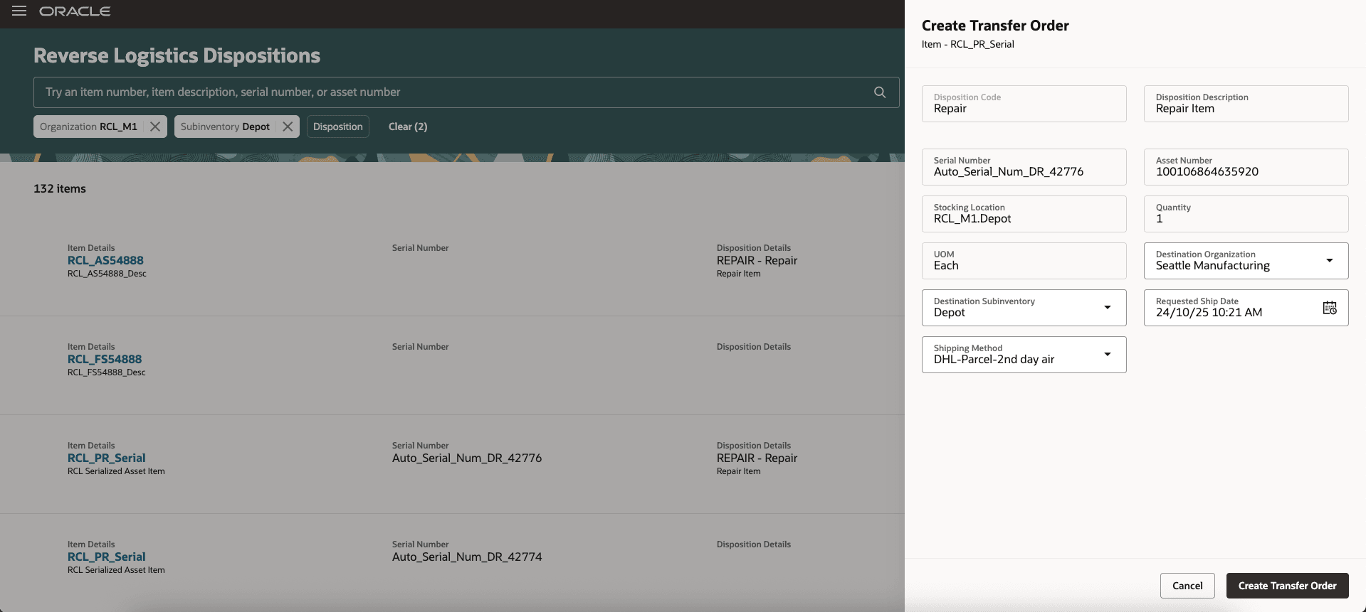 ロジスティクス処分戻し処理: 転送オーダーの作成