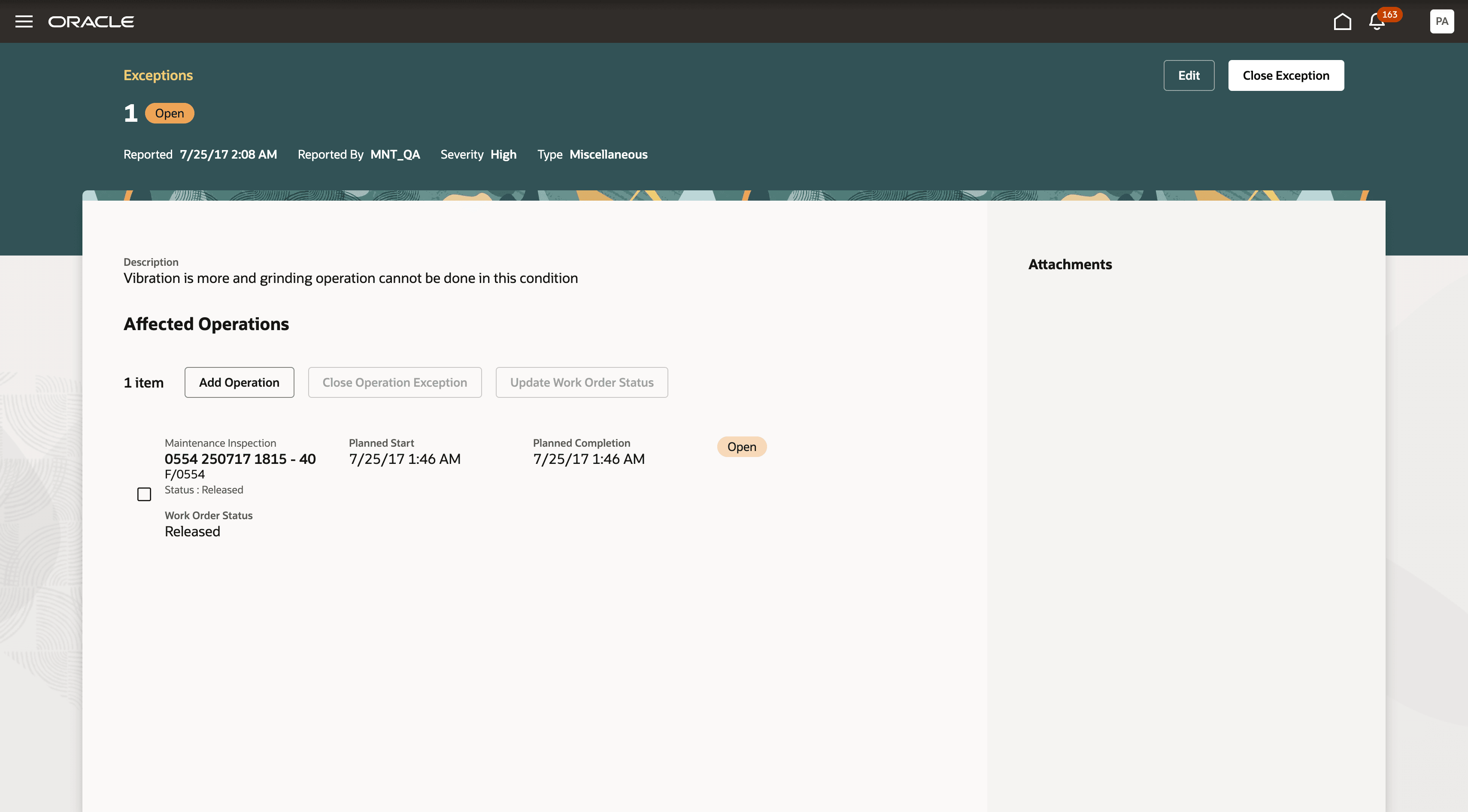 保守作業オーダーからの「例外詳細」ページへのナビゲーション