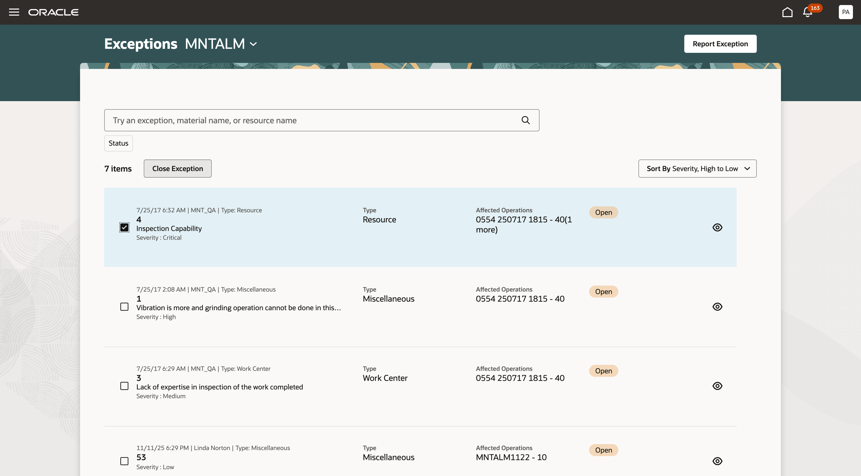 「例外のクローズ」ボタンが強調表示された「例外」ページ