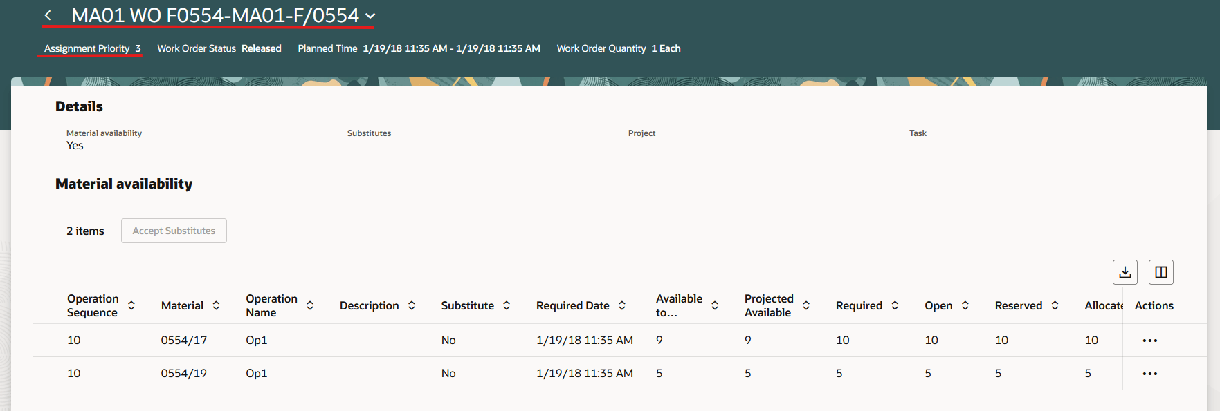 作業オーダーの割当詳細