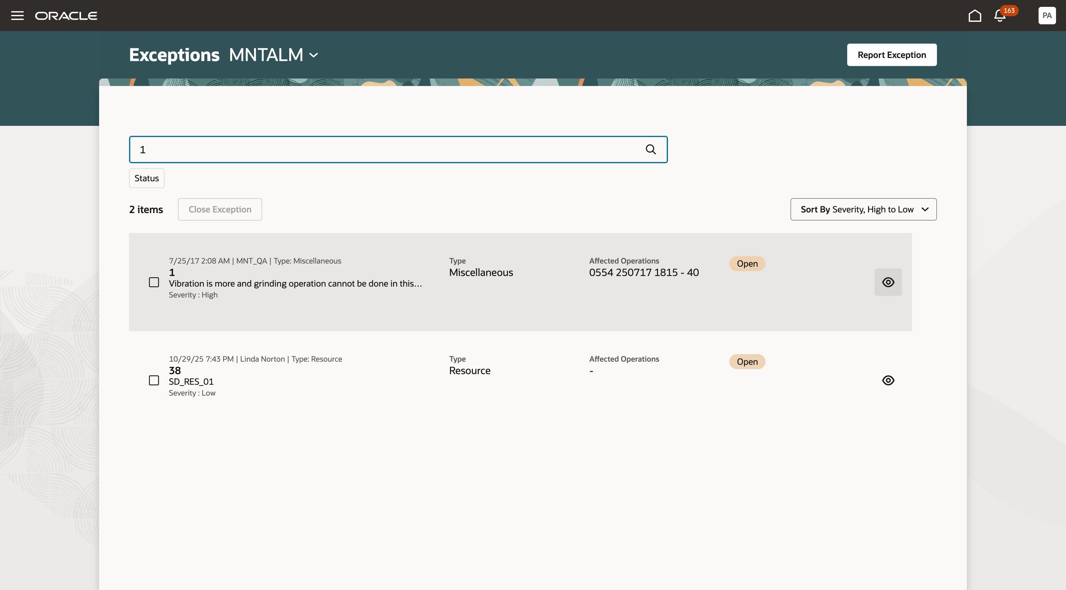 「例外詳細」ページで追加詳細をレビューするための「表示」アイコン