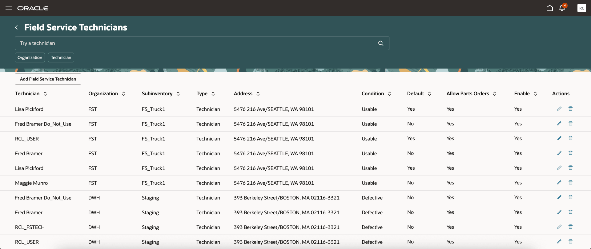 検索リスト: Redwood UIのフィールド・サービス技術者