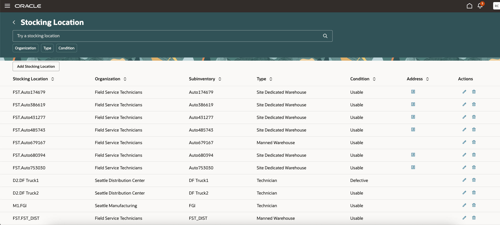検索リスト: Redwood UIを使用した在庫事業所
