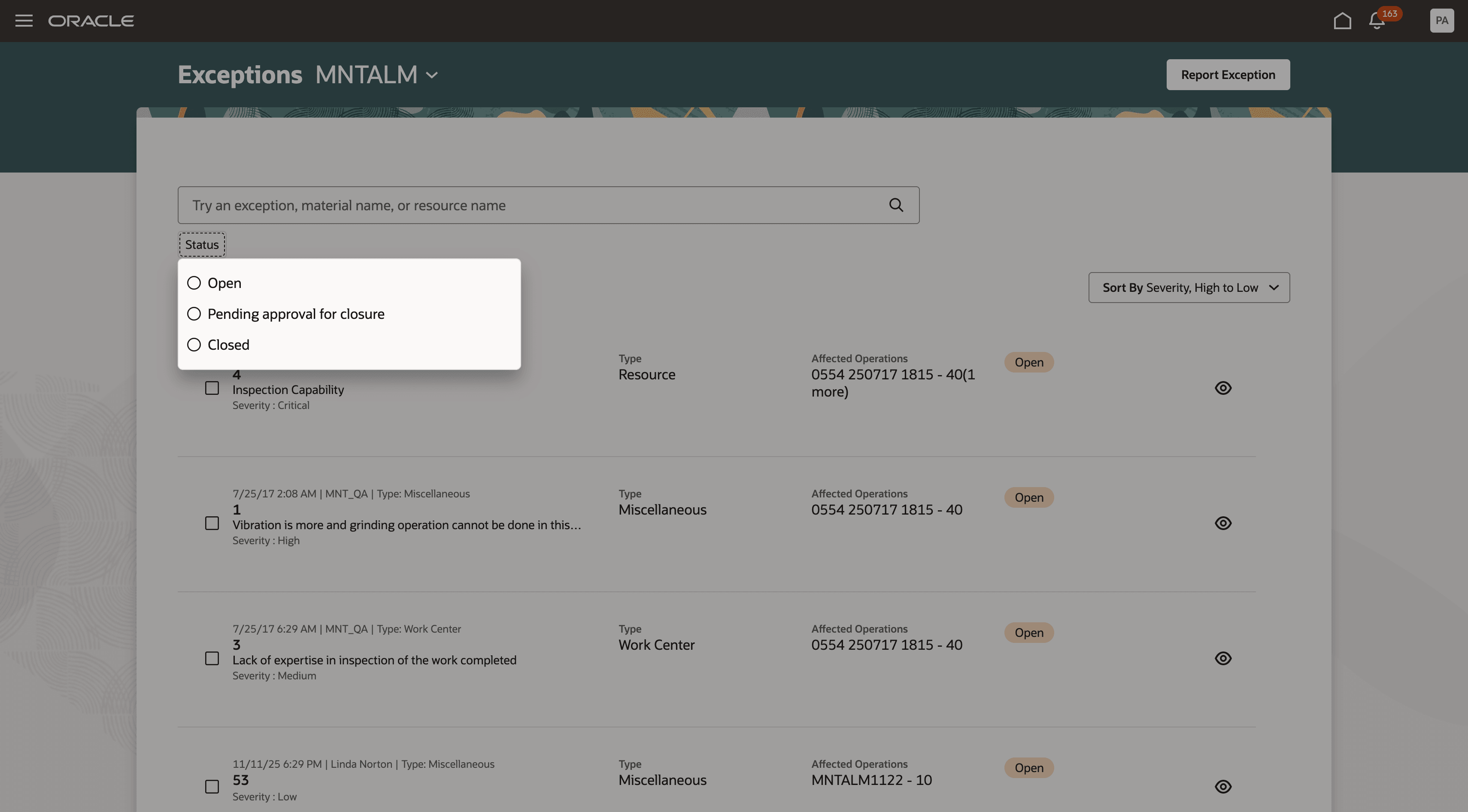 新しいRedwoodの「保守例外」ページでの検索およびフィルタ