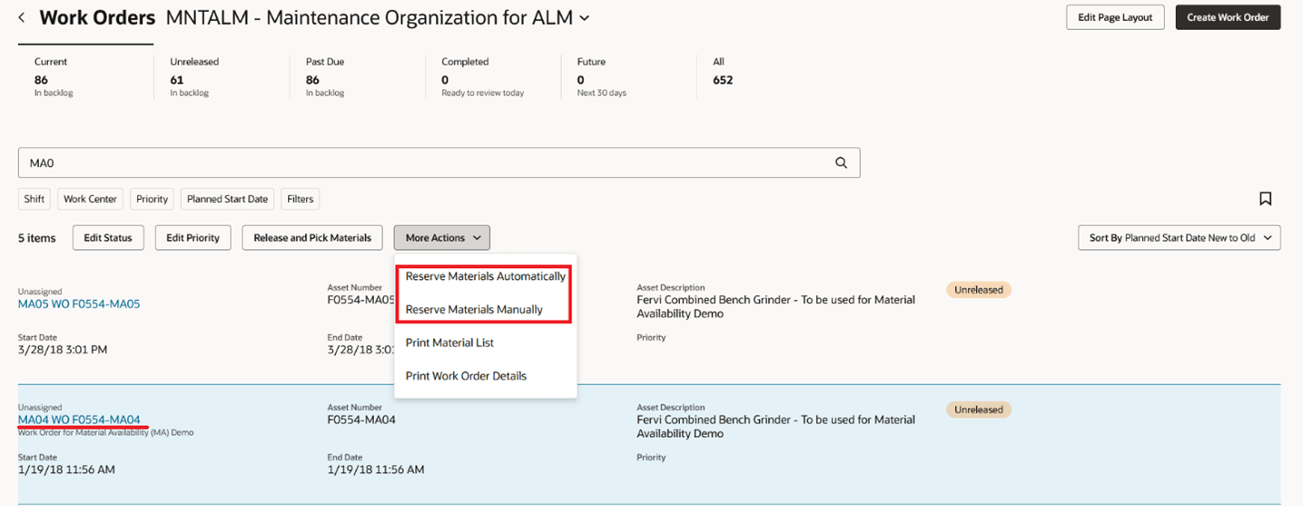 資材を予約するための保守監督一括処理