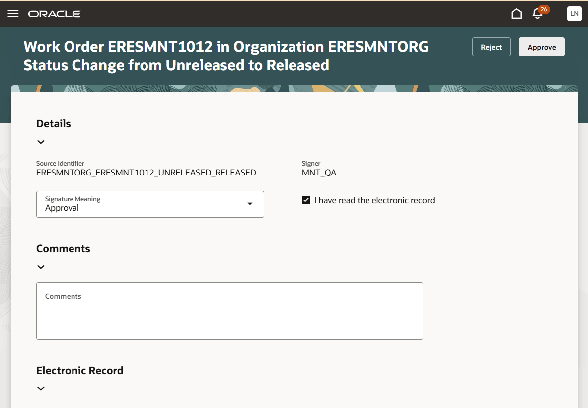 承認者が作業オーダーを否認または承認できる新規Redwood画面