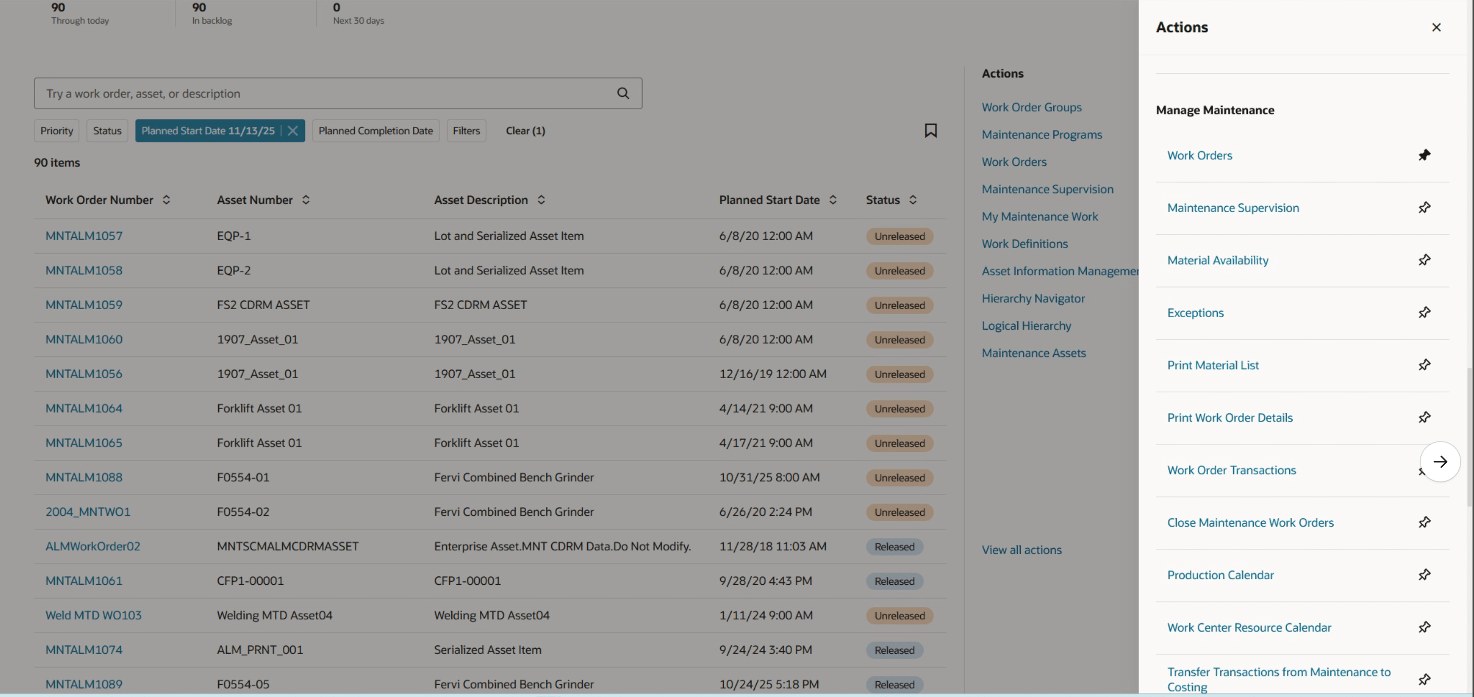 作業オーダー・トランザクションにナビゲートするためのクイック処理リンク