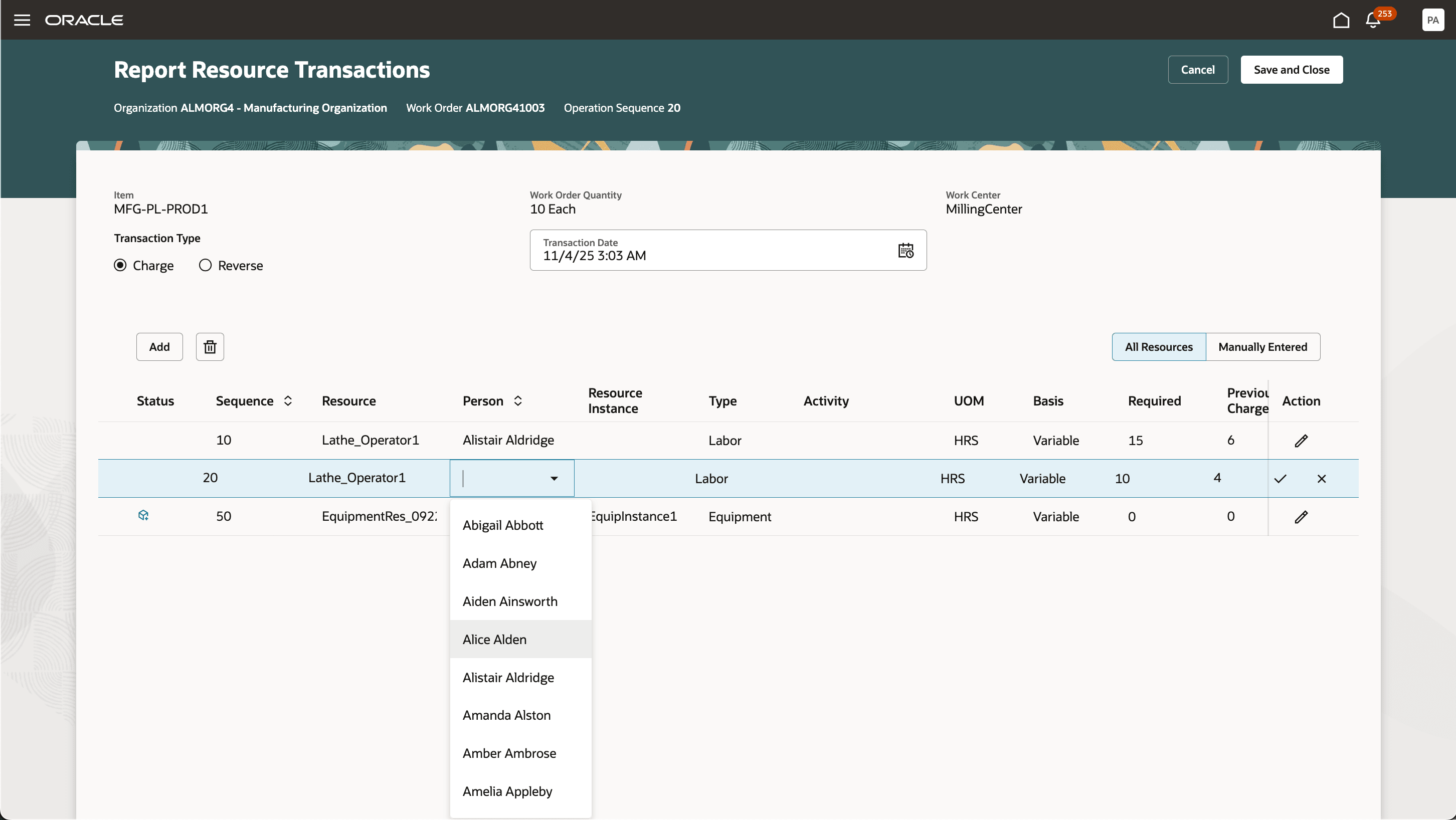 リソース・トランザクションのレポート中に個人を使用