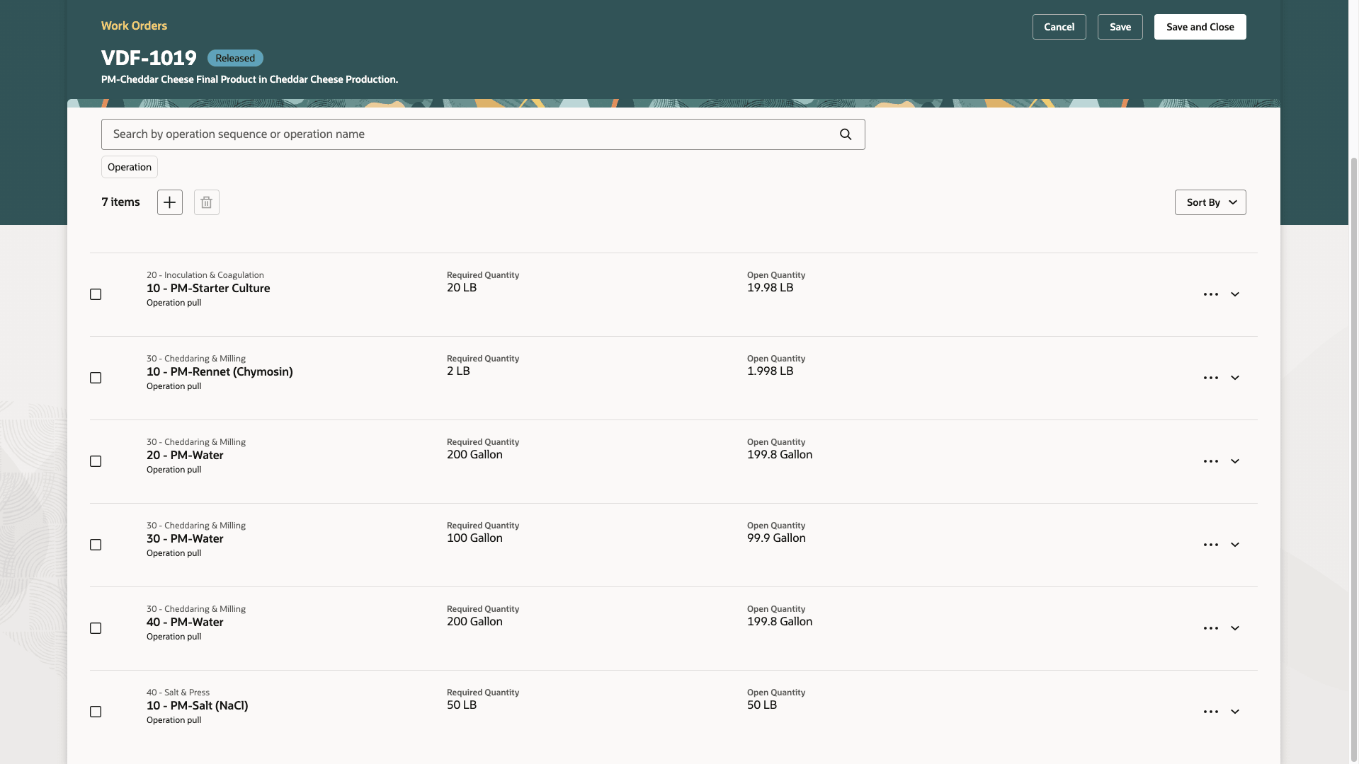 作業オーダーでの工程の繰返し資材