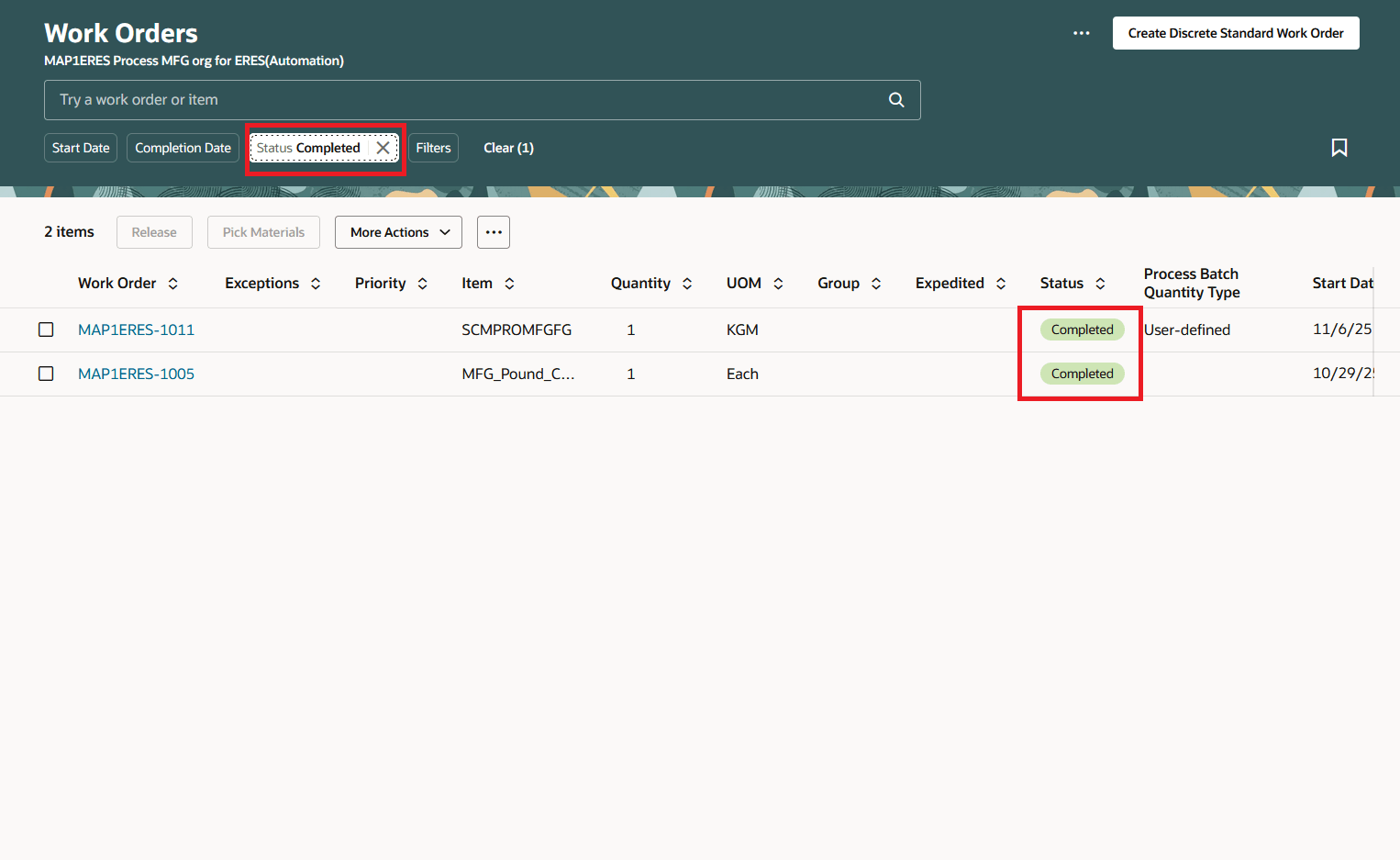 クローズ待機中の完了作業オーダー