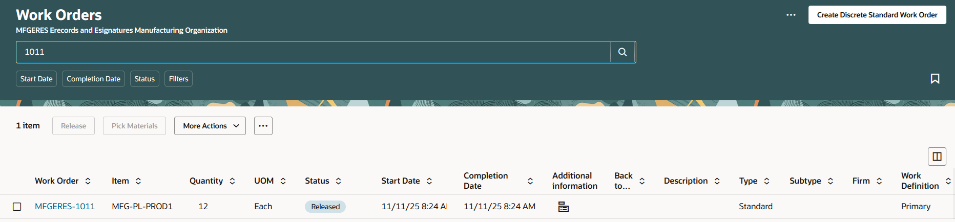 作業オーダー承認済- リリース済ステータス