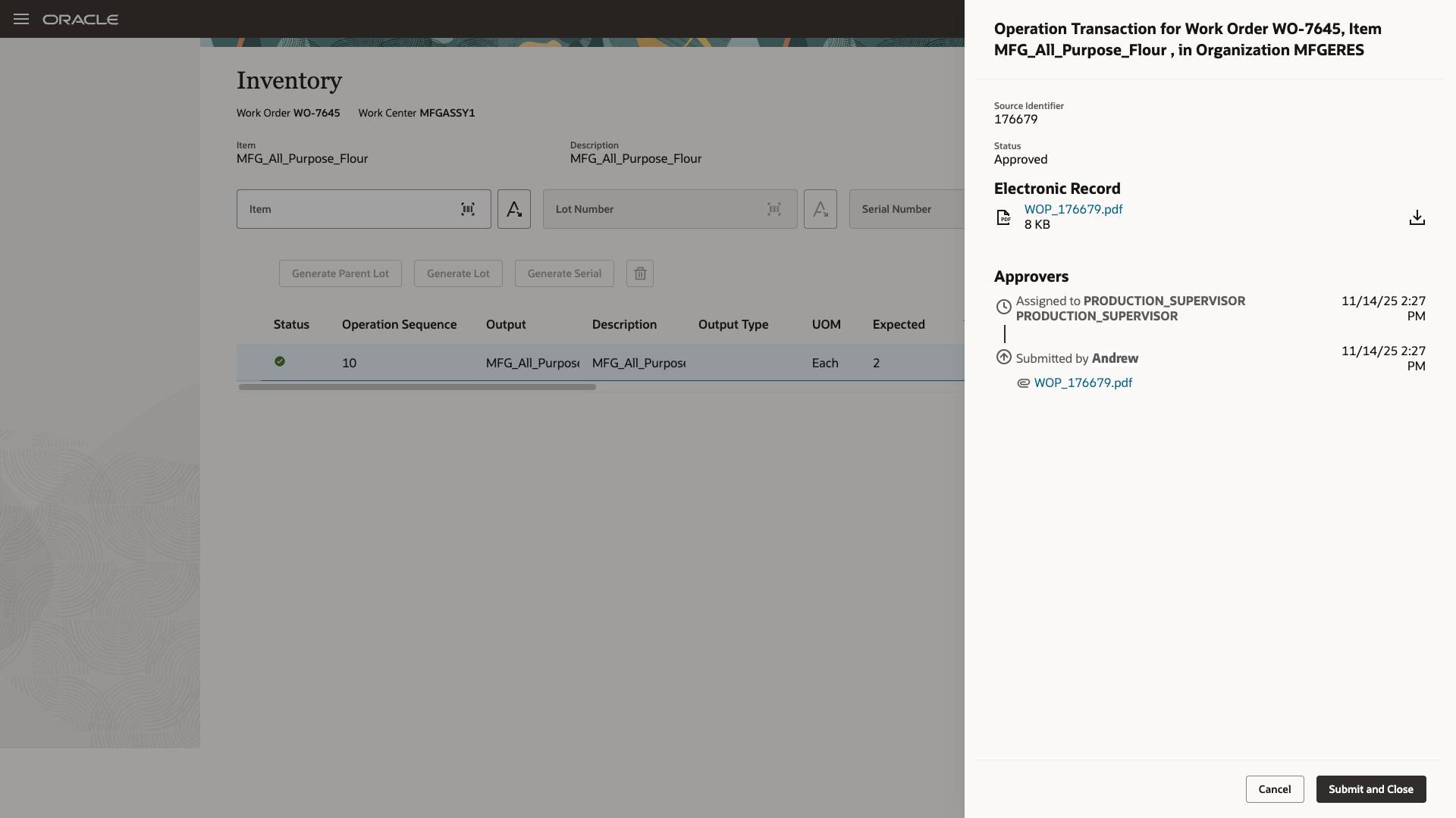 オペレータは、承認後に工程トランザクションを発行します