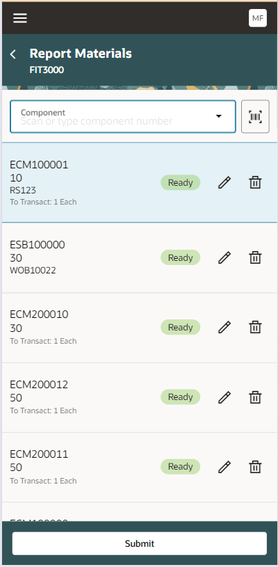 オーダーなしトランザクション中の資材出庫