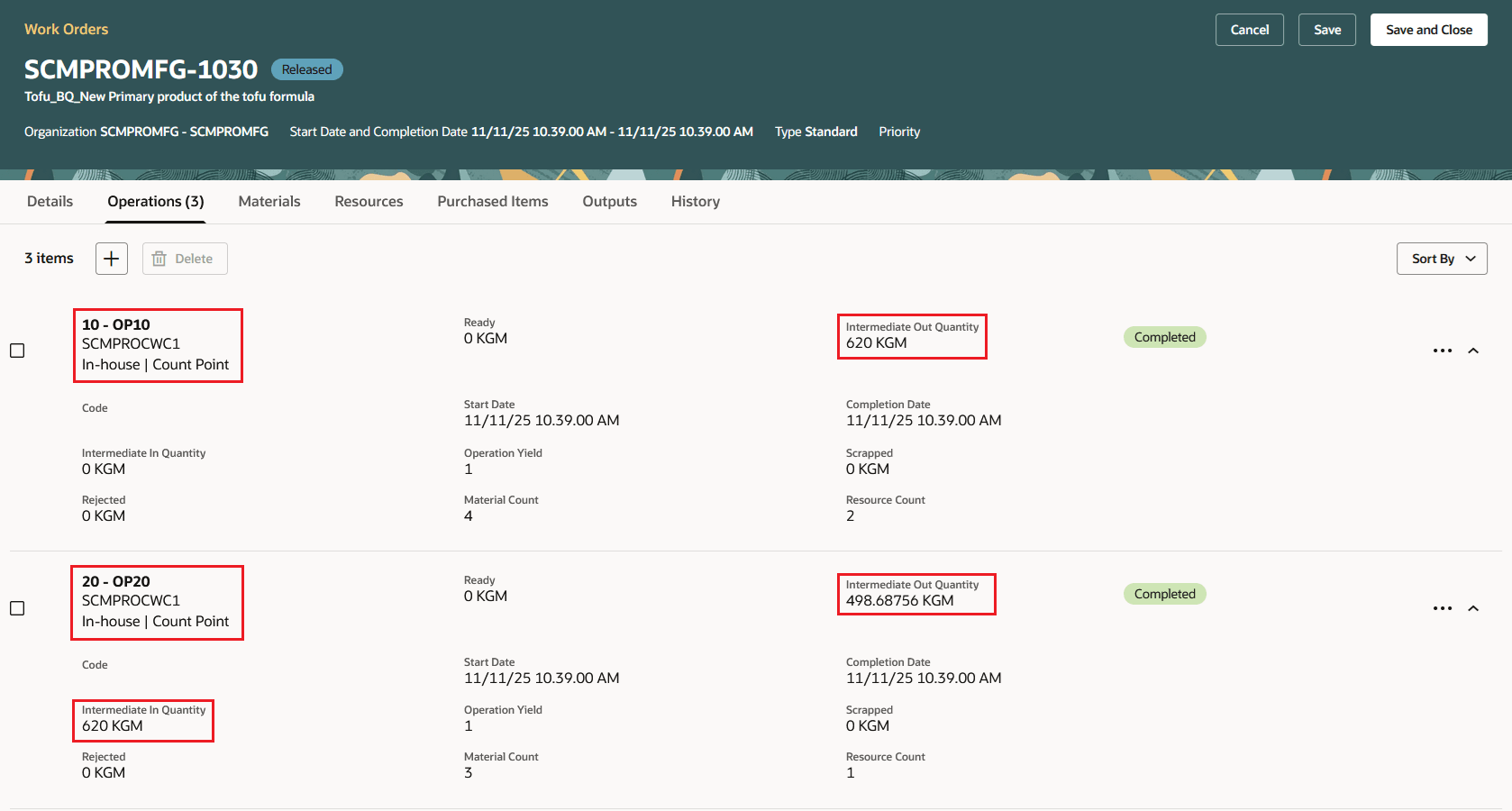 作業オーダーの管理- 完了工程数量のレビュー