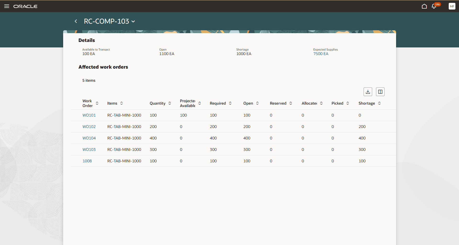 資材ビュー- 影響を受けるワーク・オーダー