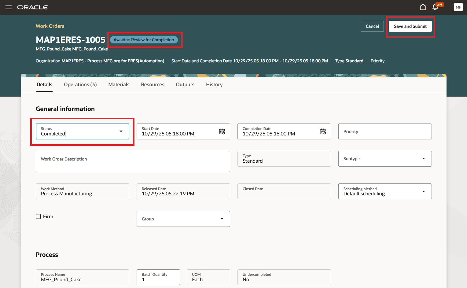 完了承認のための作業オーダーの発行