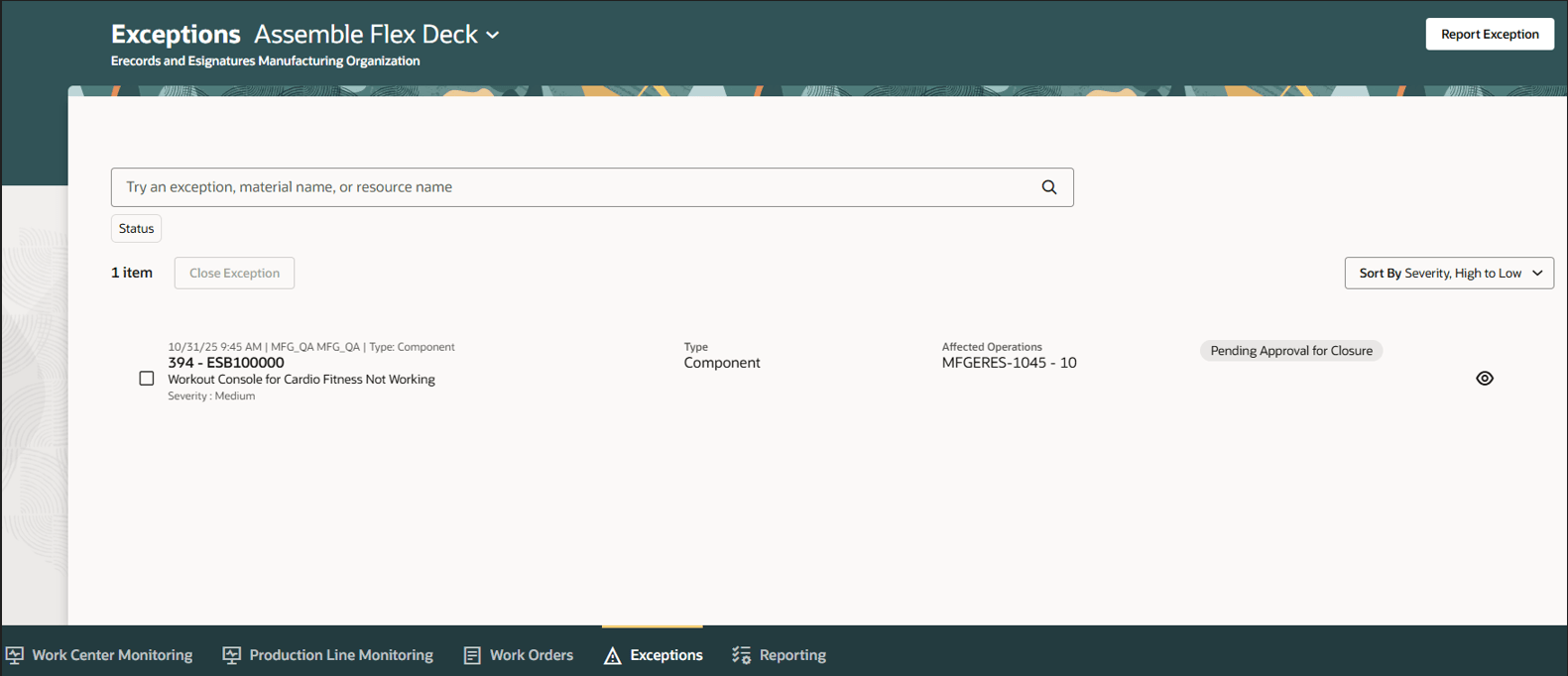 クローズ・ステータスの承認待ちの生産例外