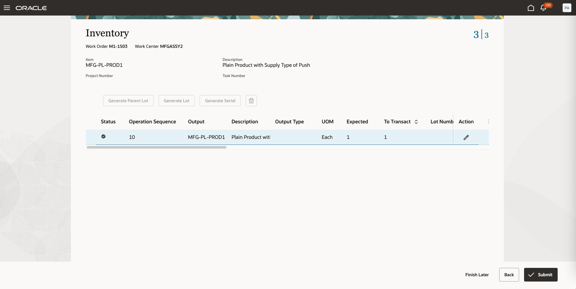 再加工作業オーダーの発行済製品の在庫完了が強調表示された生産UI。