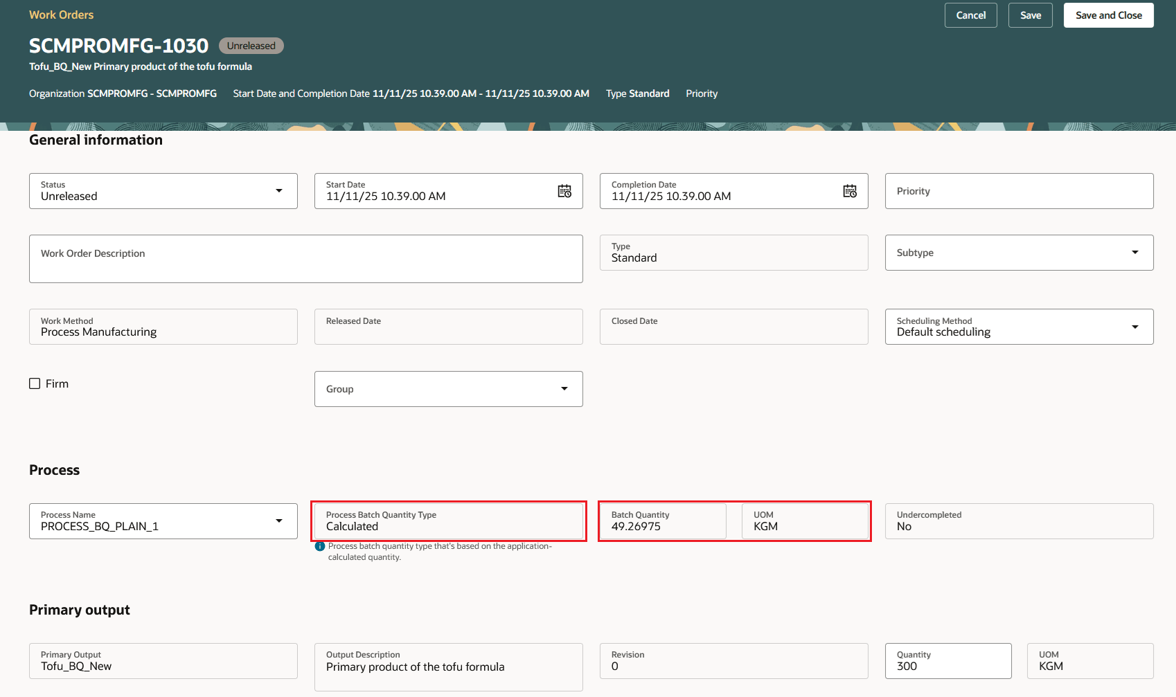 処理作業オーダー- ヘッダー詳細