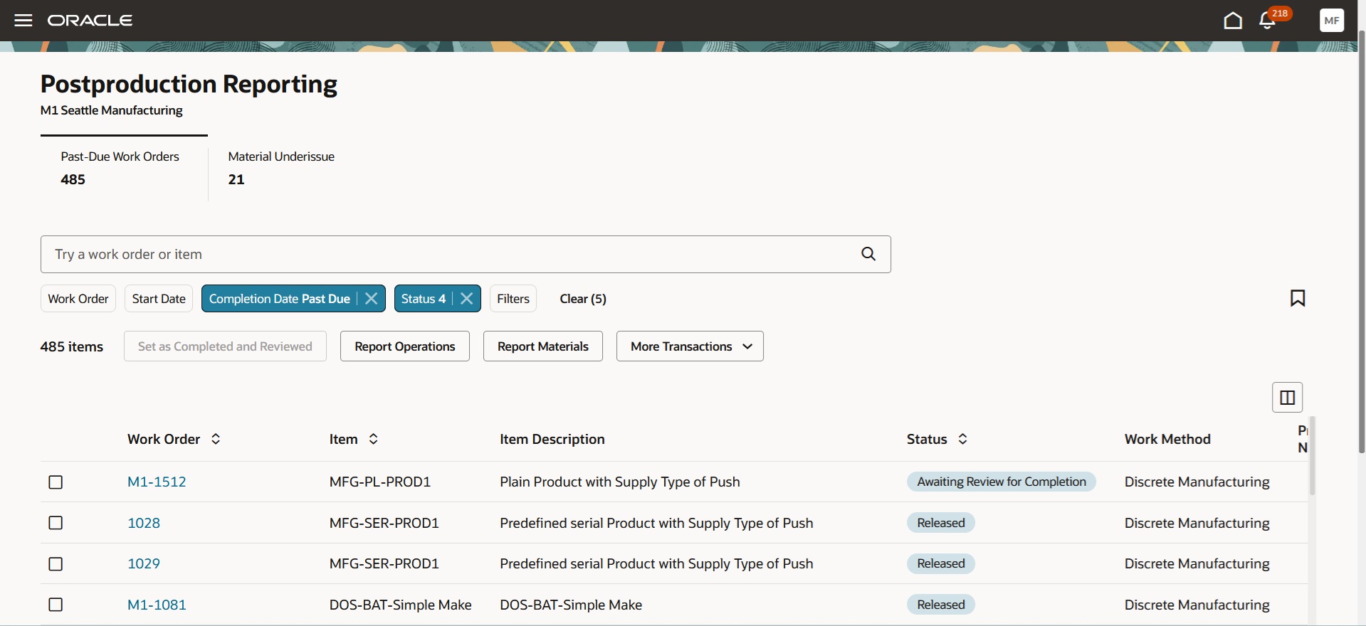 作業オーダー・トランザクションの生産後レポート