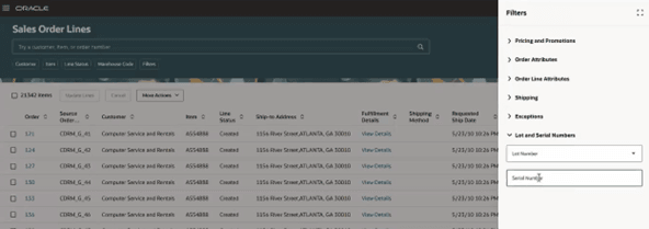 ロットおよびシリアル・フィルタの検索