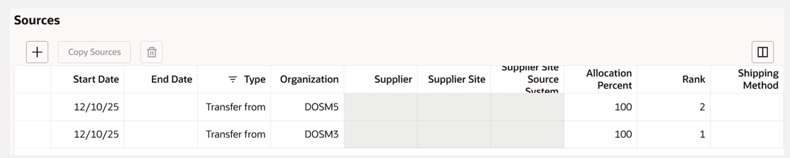 ソースのタイプ列の列フィルタを適用した後の結果