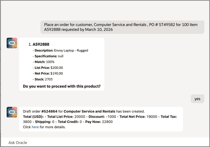 標準詳細を含む一般的なオーダー・タイプ要求を示すエージェント。