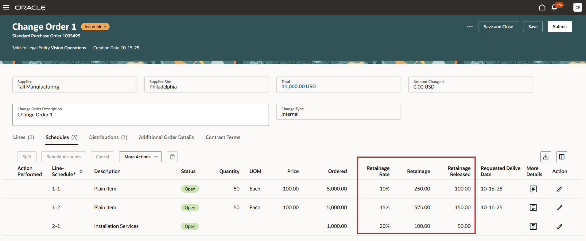 変更オーダー・スケジュールの留保金条件