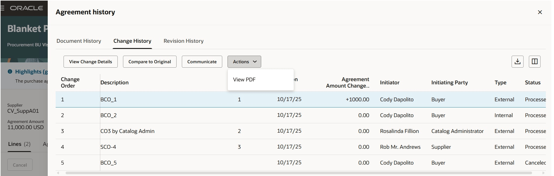 契約履歴ドロワーの「変更履歴」タブ