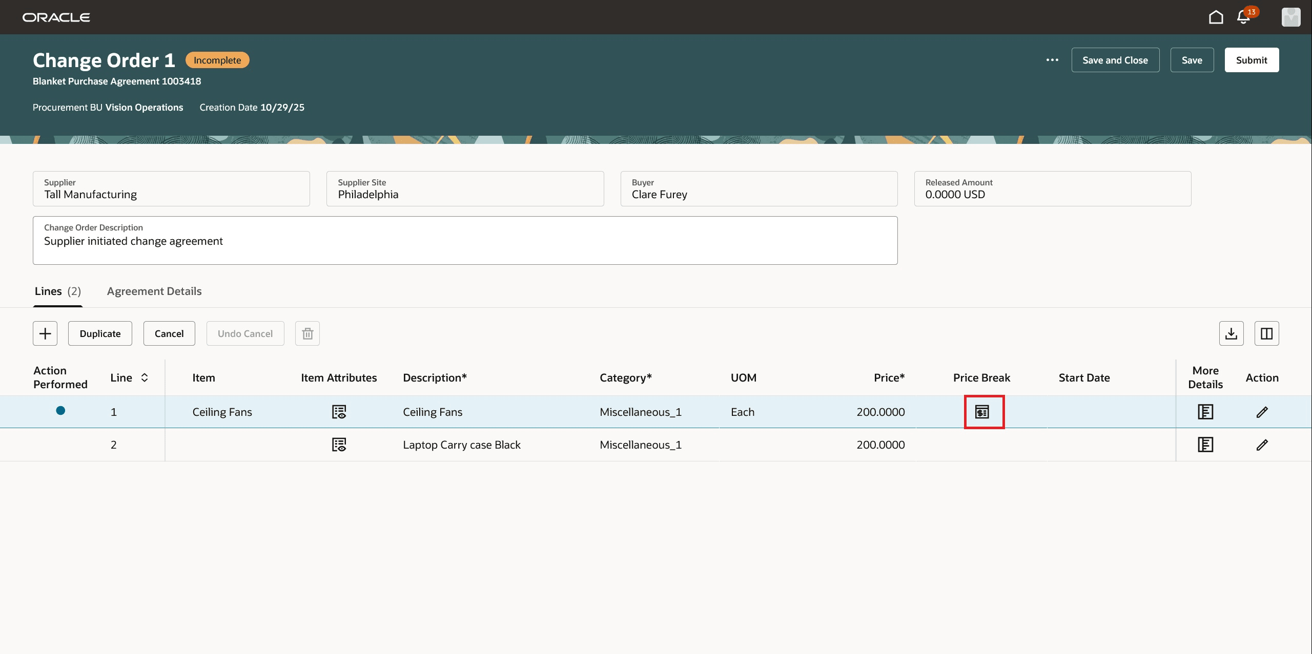 アイコンを使用して変更オーダー明細の価格分岐をオープンします