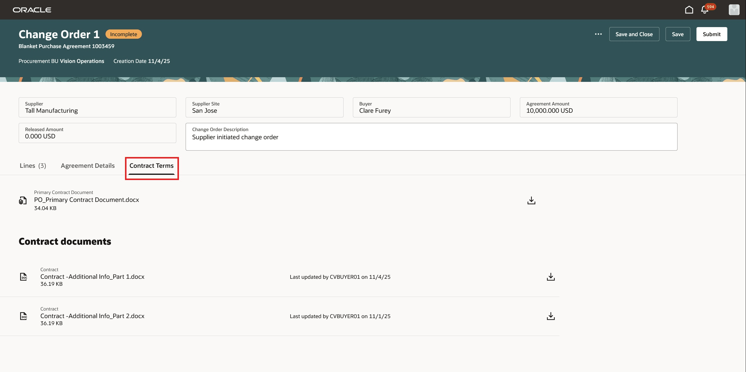 「契約条件」タブへのナビゲートによる契約文書の表示