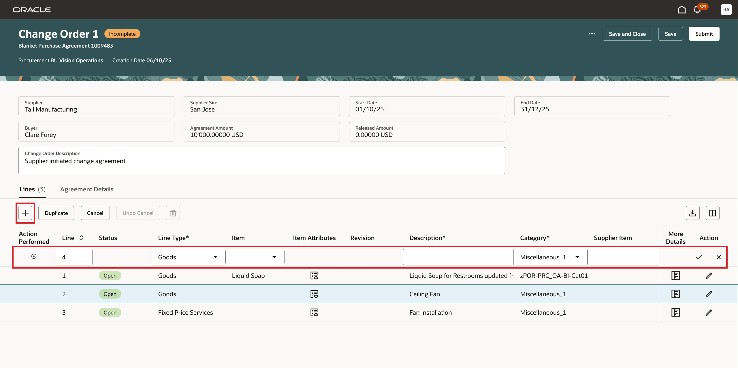 「追加」アイコンを使用した変更オーダーへの新規明細の追加