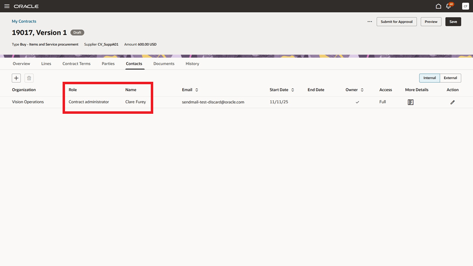 新規契約の「担当者」タブ。契約管理者としてリストされたバイヤーが表示されます。