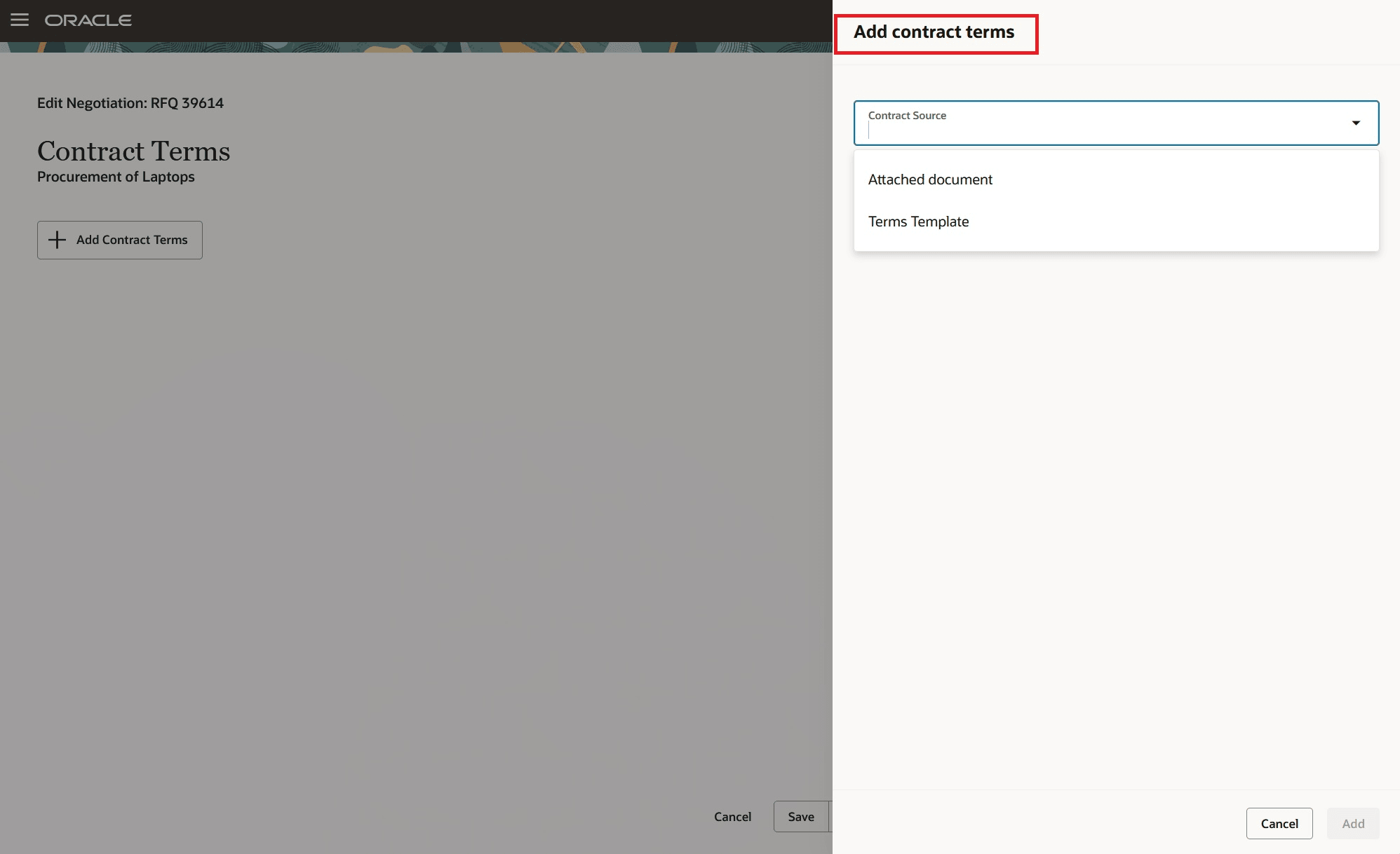図: 「契約条件の追加」ドロワーの契約ソース