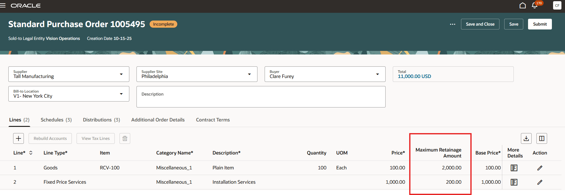 購買オーダー明細に留保金条件を入力