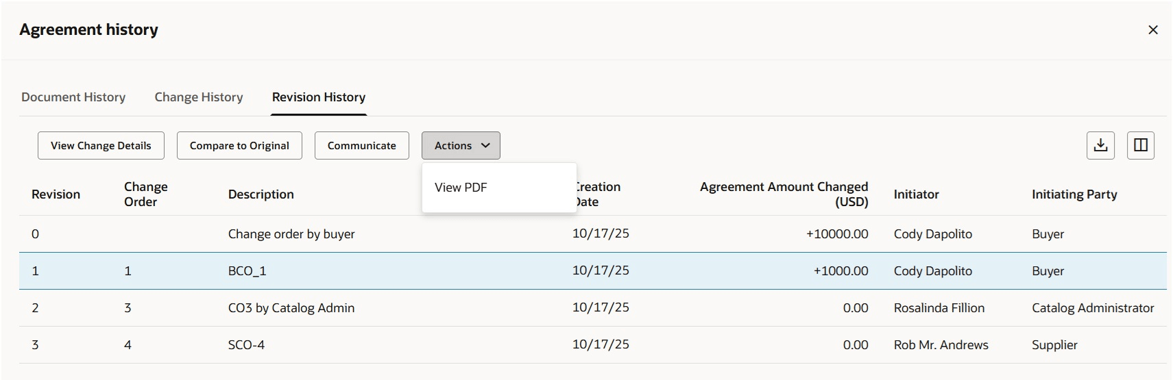 契約履歴ドロワーの「改訂履歴」タブ