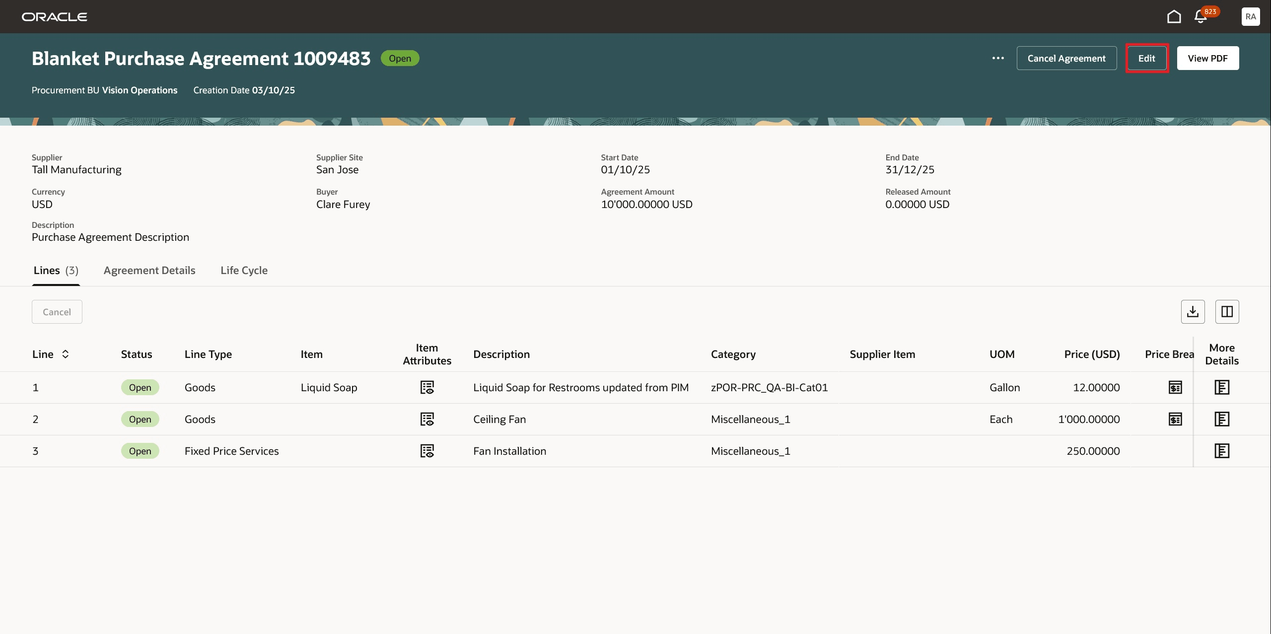購買契約の「編集」オプションを使用した変更オーダーの作成