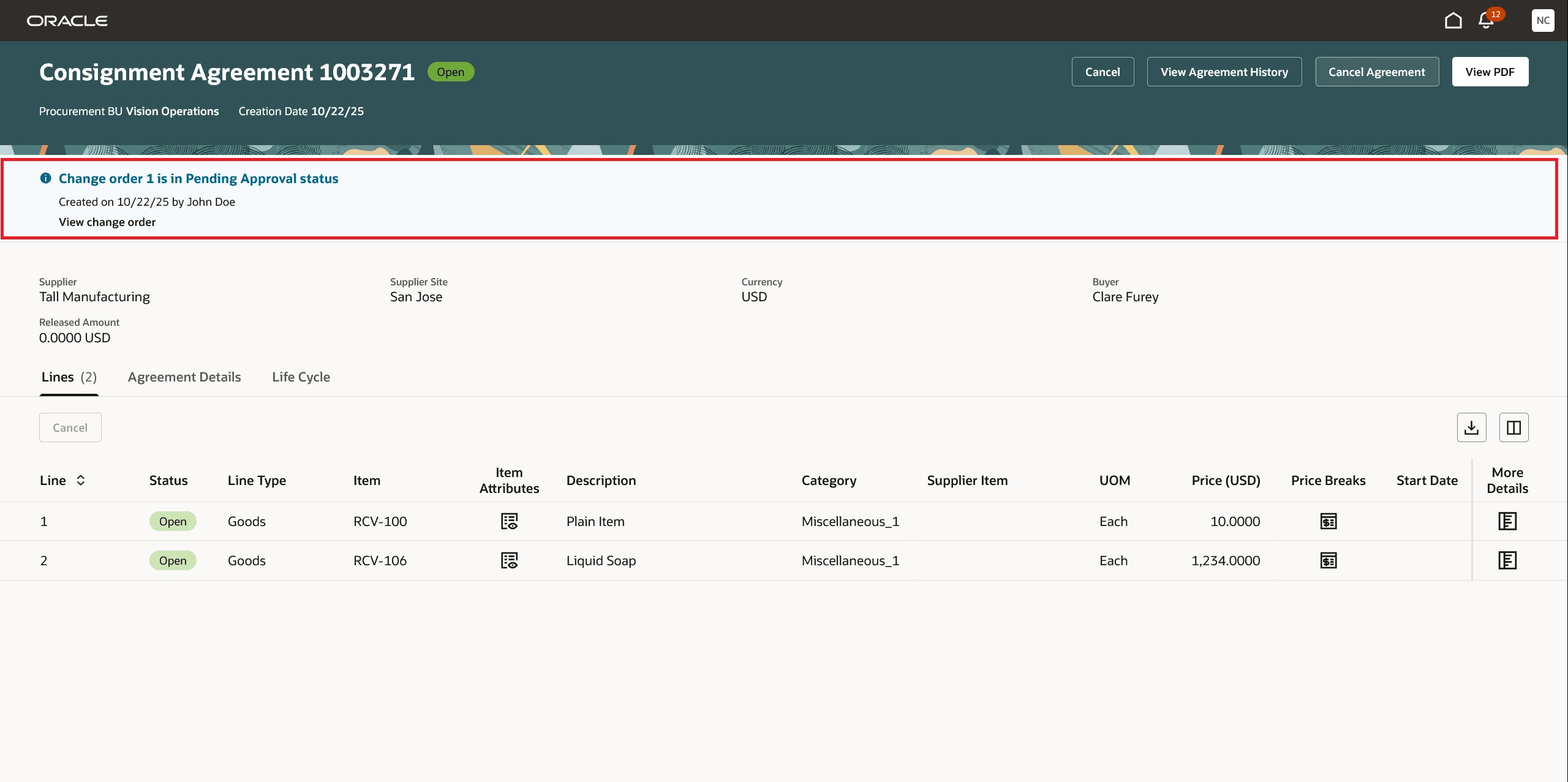 Redwood「購買契約の表示」ページからの変更オーダーの表示