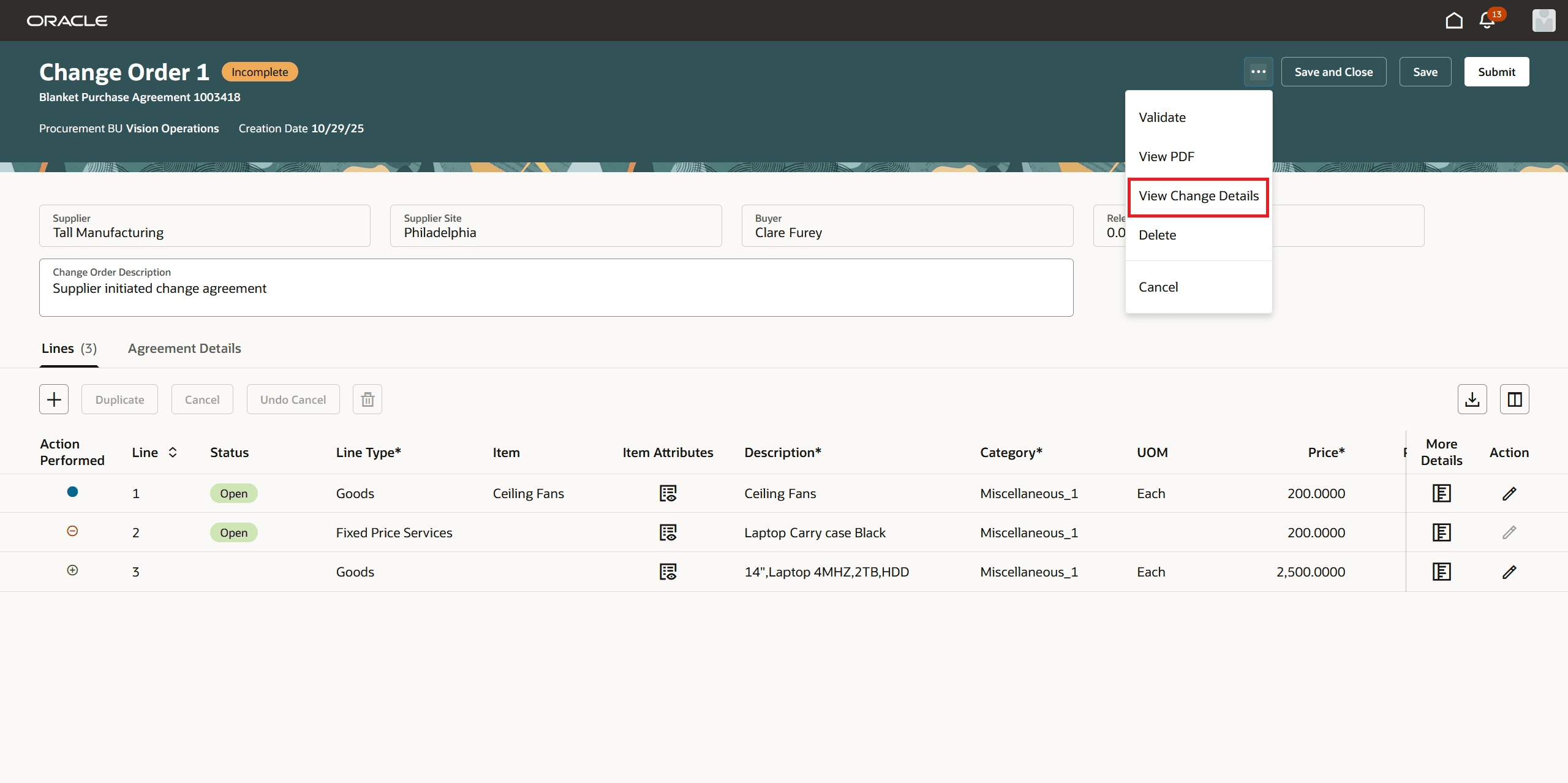 「変更詳細の表示」処理を使用した変更オーダーの変更の表示